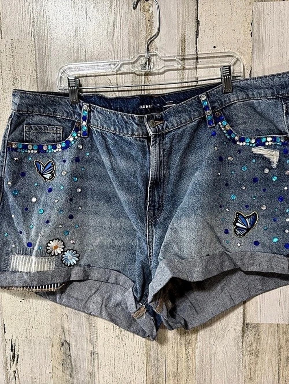 Old Navy High-Rise Curvy Baggy Short Embellished Denim Blue Waist 20